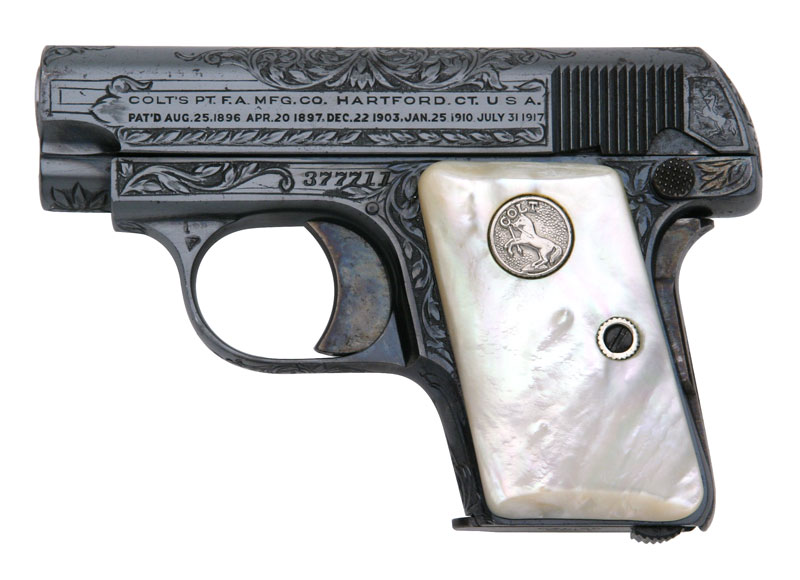 Colt 1908 Vest Pocket .25 ACP, Factory B Engraved with Mother of Pearl stocks.
