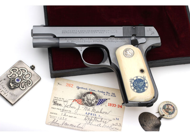 Colt 1903 Pocket Hammerless .32 ACP Presentation with Factory Inscription and Factory Inscribed Ivory stocks.